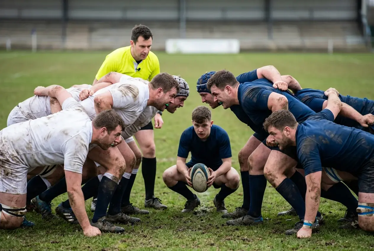 Rugby Union Gedränge auf Naturrasen: 15 Spieler in klassischer Spielsituation